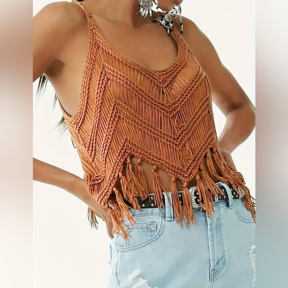 Vintage Style Tassel Trim Knitted Cami Top